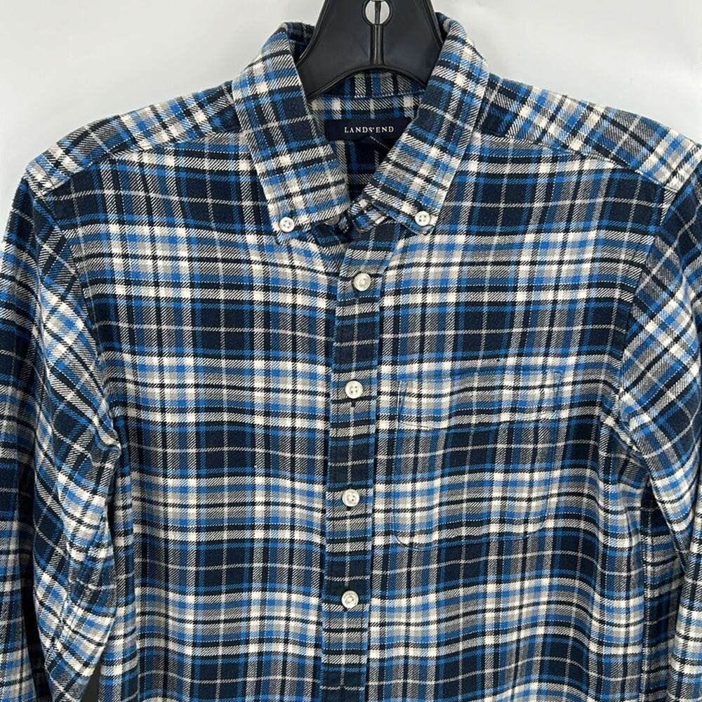 Lands'End Boys Blue & White Plaid Long Sleeve Button Up Flannel Shirt Size Med